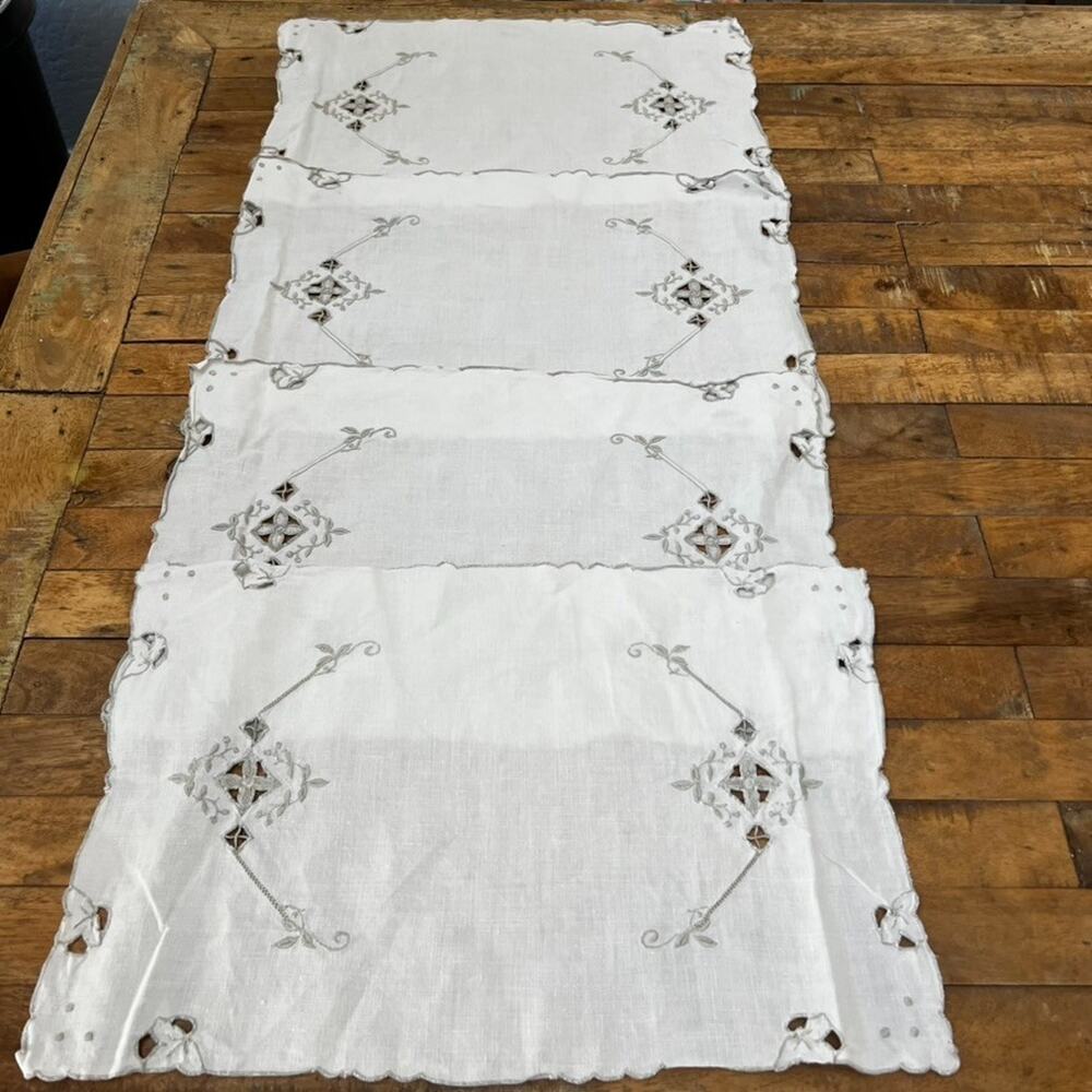 Placemat Set of 4 11 x 17" White Linen Cutwork Gray Embroidered